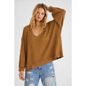 We The Free Free People Buttercup Thermal Women's L Brown Waffle Knit Top Boho